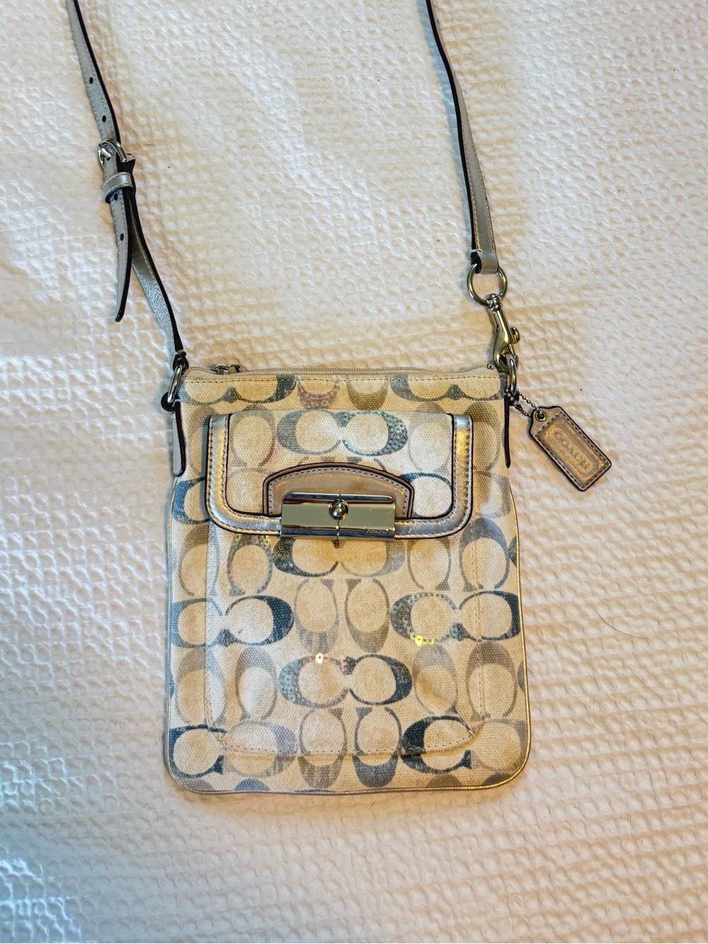 Coach Sequin Metallic Silver Signature Crossbody Purse